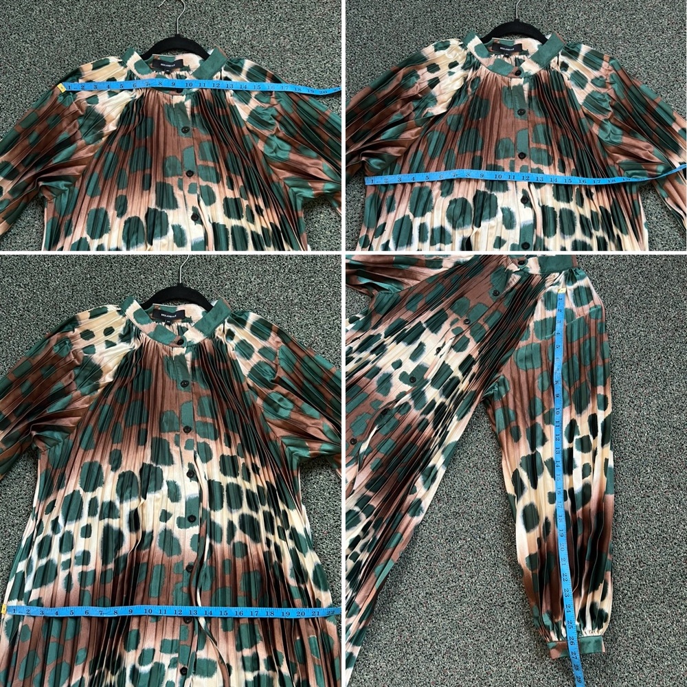 Green Modest Leopard Cheetah Print Pleated Long-Sleeve Maxi Relaxed Fit Dres M-L - Picture 15 of 16